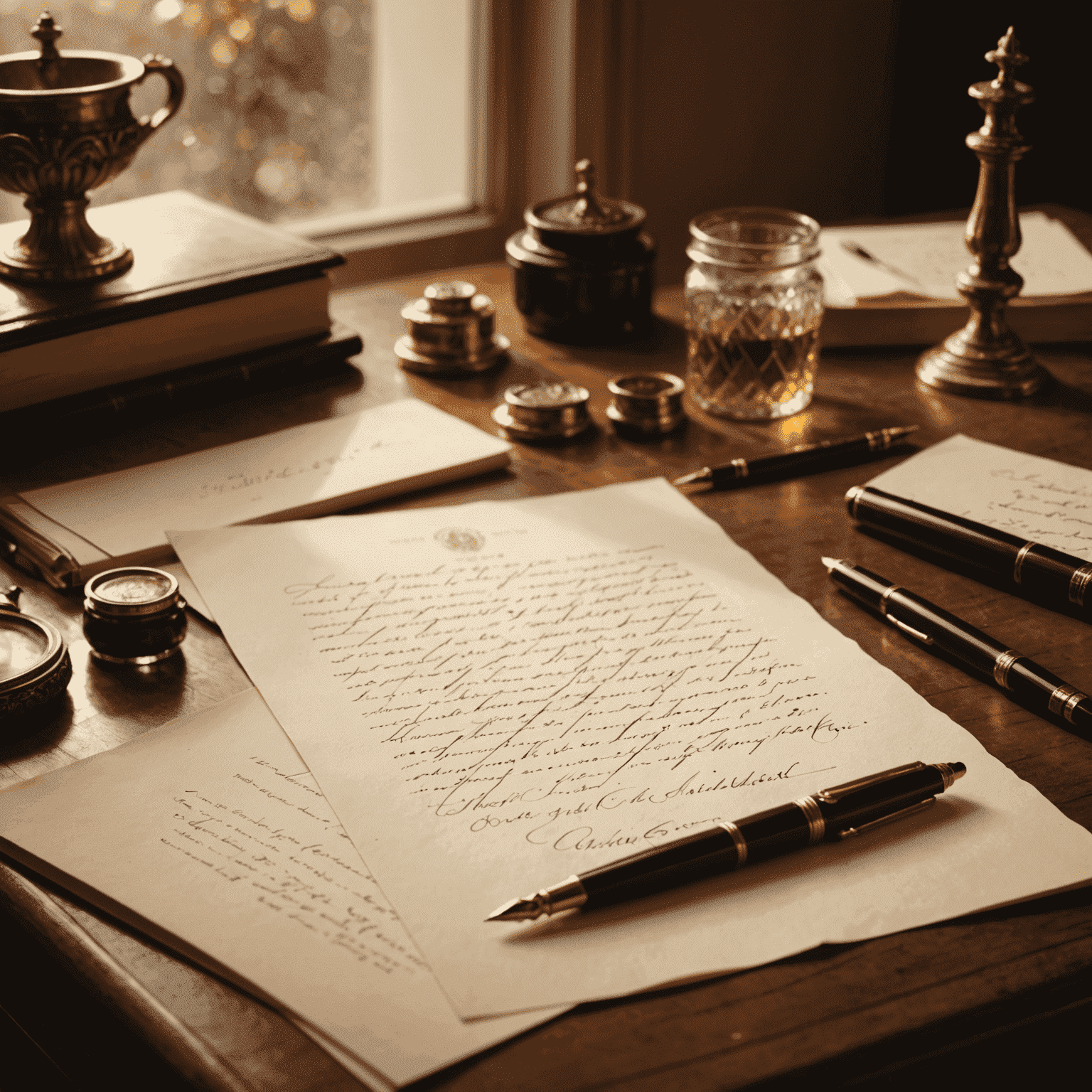 A vintage desk with elegant stationery, fountain pen, and a beautifully handwritten letter. The scene is bathed in warm, golden light, emphasizing the timeless charm of letter writing.