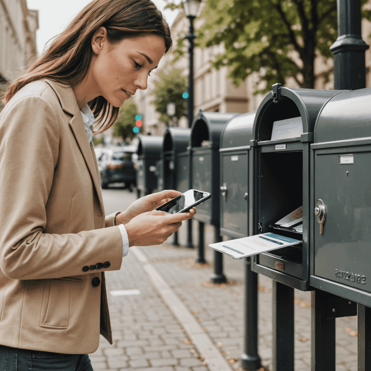 Split image showing a person checking email on a smartphone on one side and opening a physical mailbox on the other, representing the comparison between digital and physical mail