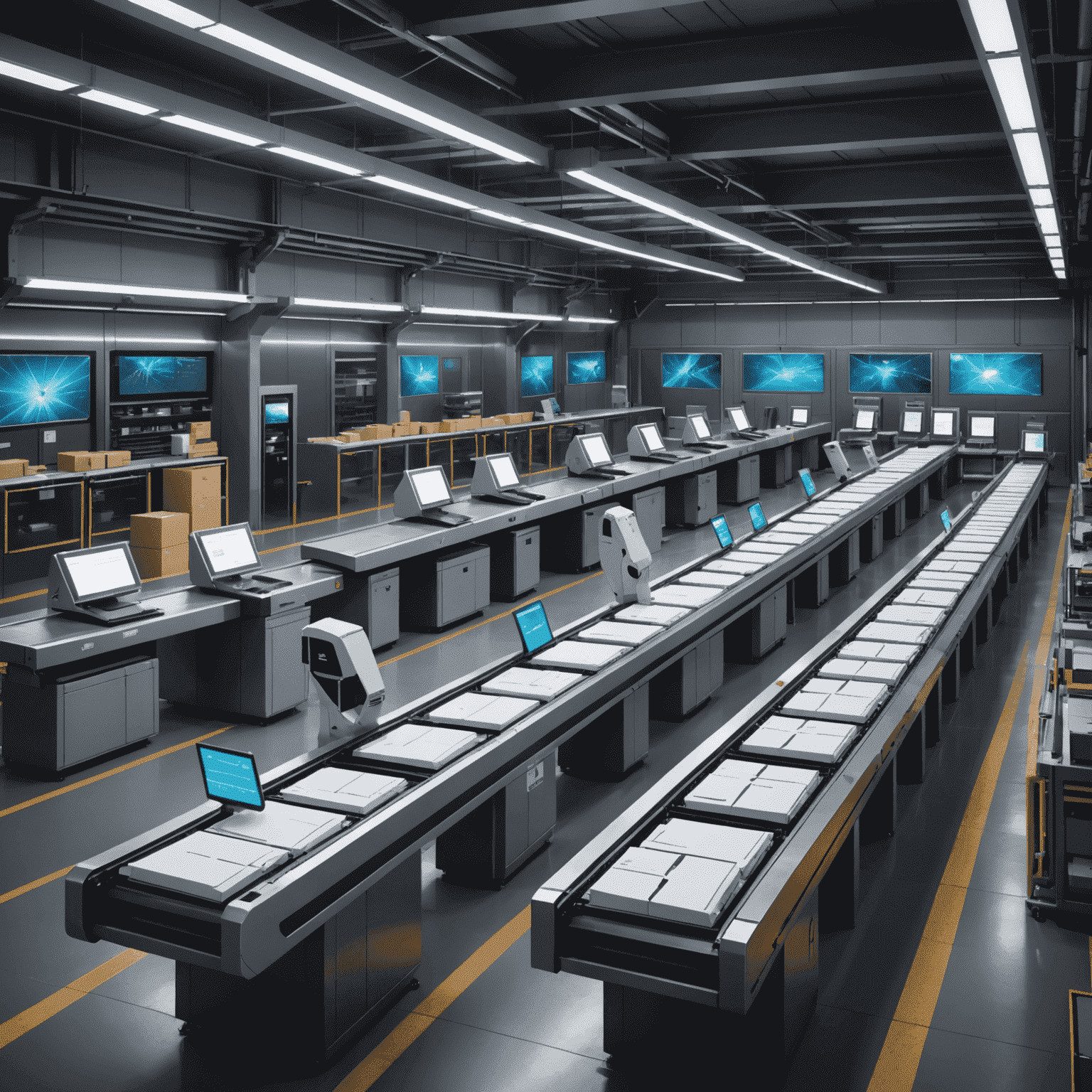 A futuristic mail sorting facility with robotic arms handling envelopes and packages, conveyor belts moving at high speed, and holographic displays showing real-time tracking information