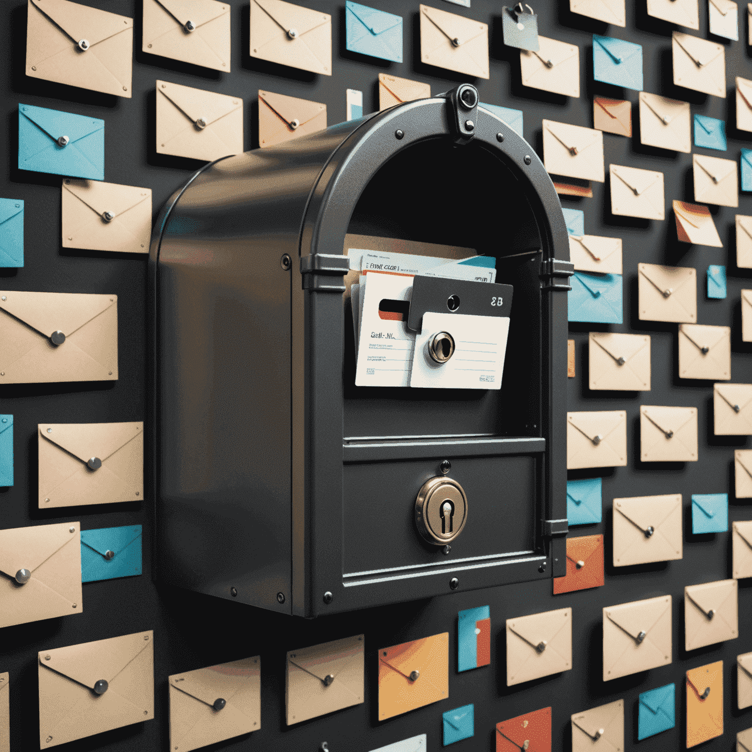 A secure mailbox with a digital lock, surrounded by envelopes with padlock icons, symbolizing mail security and privacy in the digital age