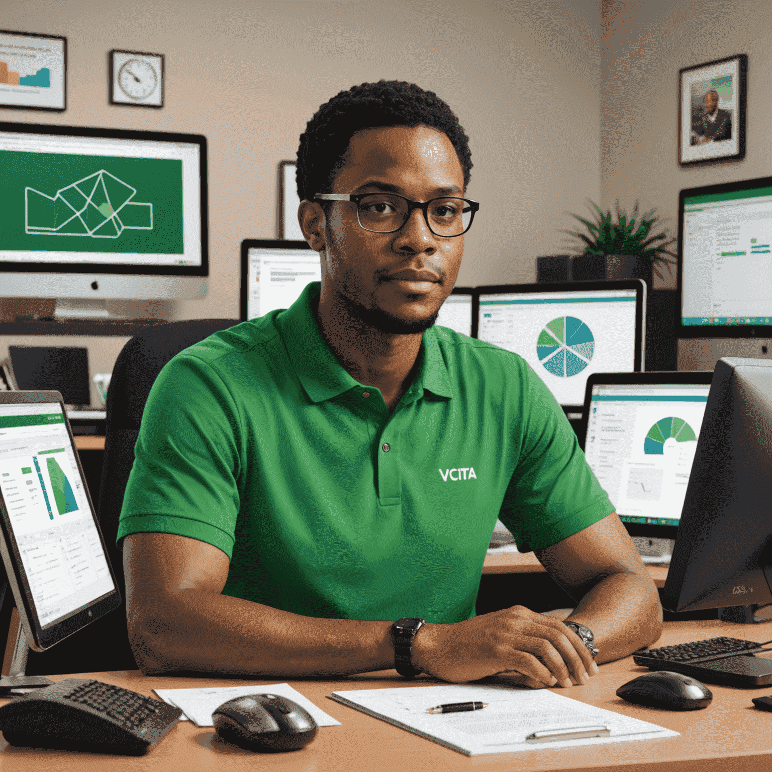Marcus Johnson, CTO of Vcita, an African American man with glasses, wearing a green polo shirt, sitting at a desk with multiple computer screens