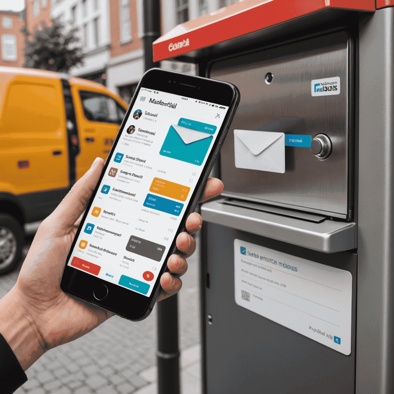 A split-screen image: one side showing a person checking email on a modern smartphone, the other side showing a mailbox full of colorful envelopes and packages. The contrast highlights the comparison between digital and physical mail.