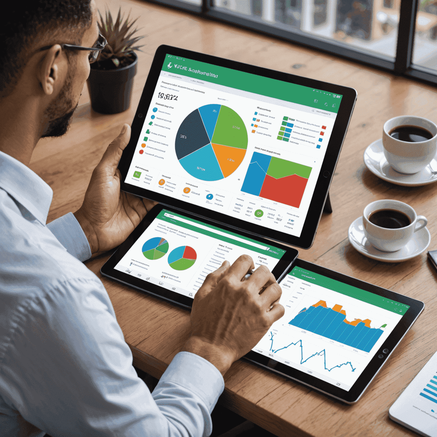 A business professional using a tablet with the Vcita interface, showing various communication channels integrated into one dashboard, with vibrant graphs and analytics displayed