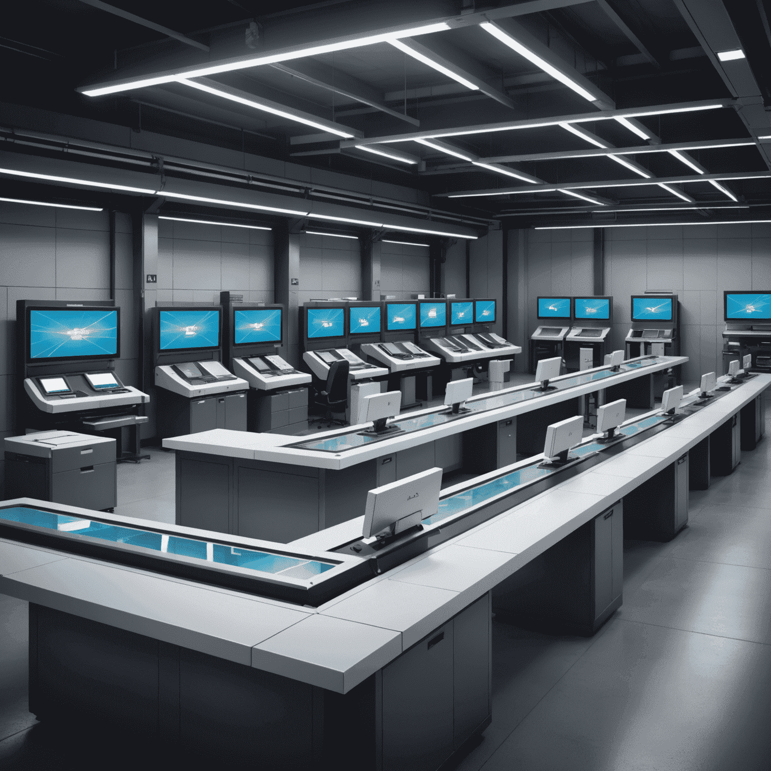 A futuristic mail sorting facility with robotic arms, conveyor belts, and digital displays. The image showcases cutting-edge technologies used in modern mailing solutions for businesses.