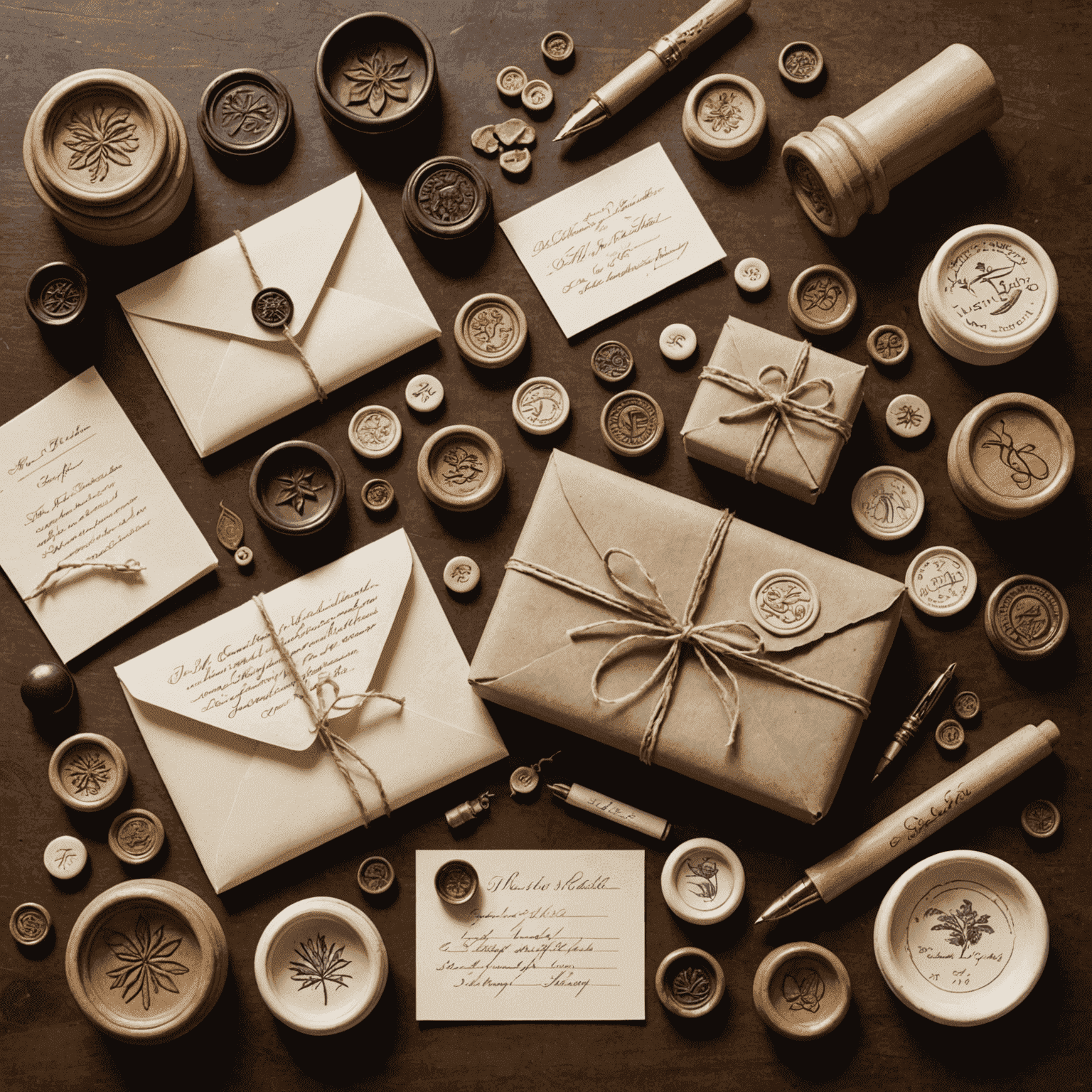 A collection of letter-writing accessories including wax seals, stamps, decorative tapes, and embellishments to add personal touches to correspondence