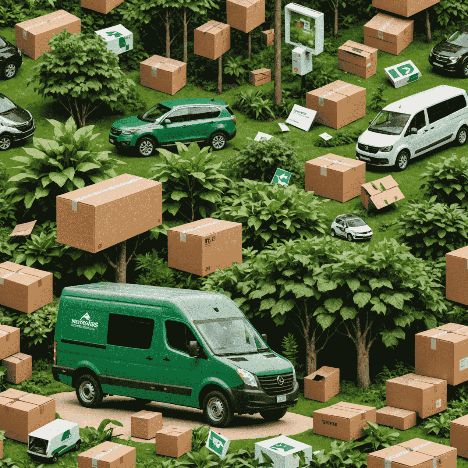 A collage showing various mailing methods and their environmental impact: electric delivery vehicles, recycled packaging materials, and a lush forest representing sustainable practices in the mailing industry.